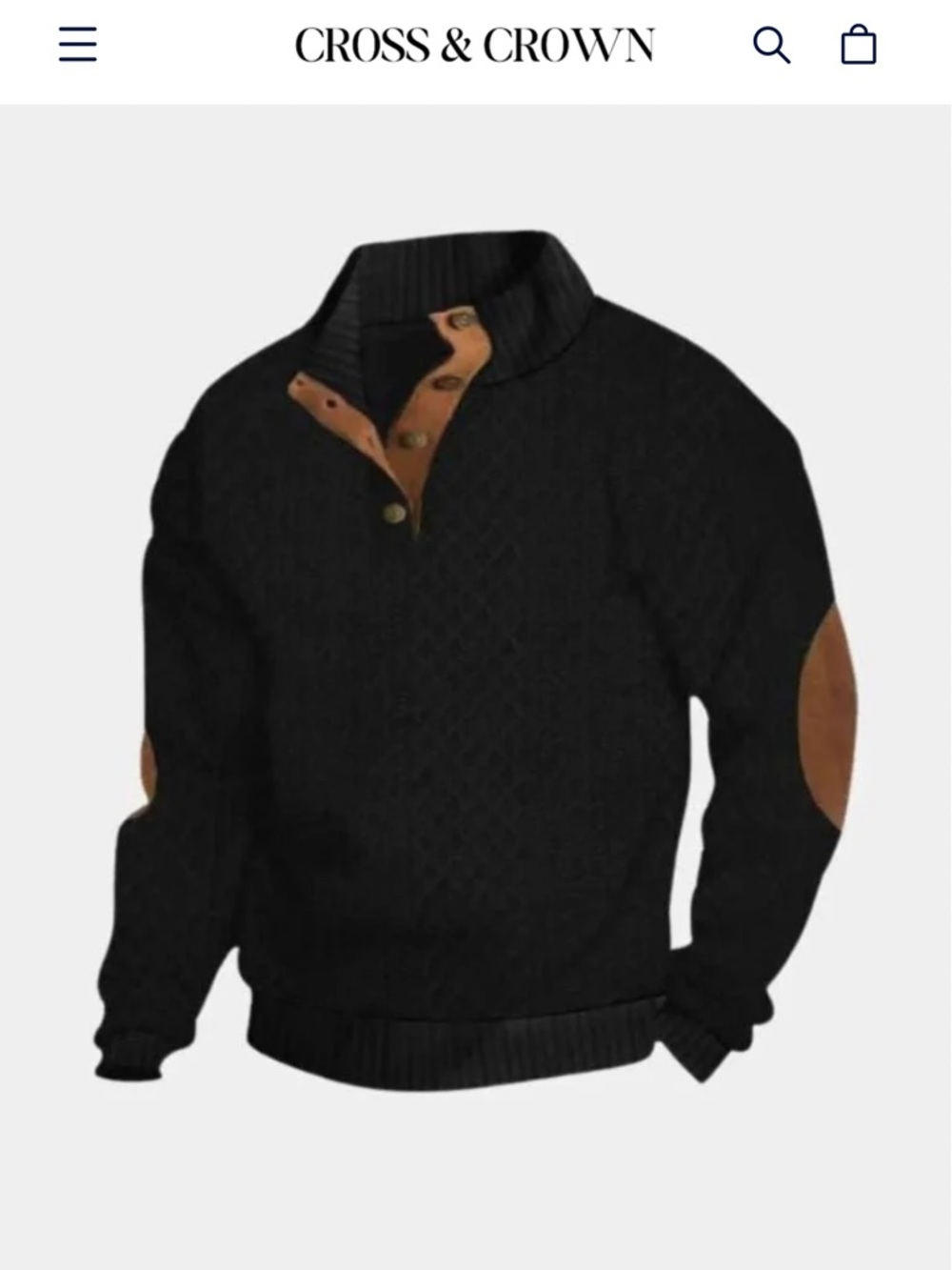 NWT Men’s Black Quarter Button Pullover Sweater L Textured Knit Elbow Patch